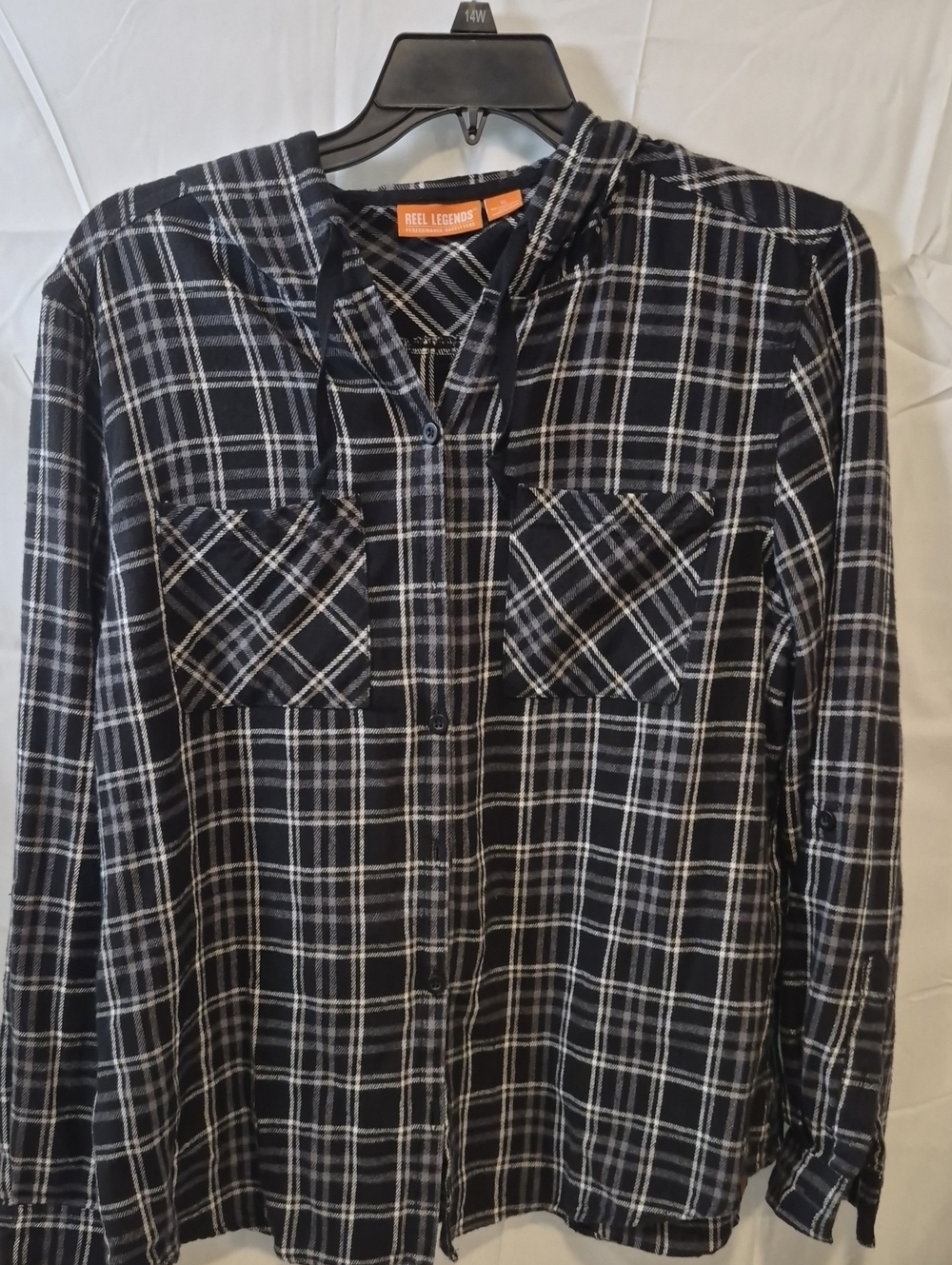 Reel Legends Black and White Plaid Hooded Button-Down Shirt